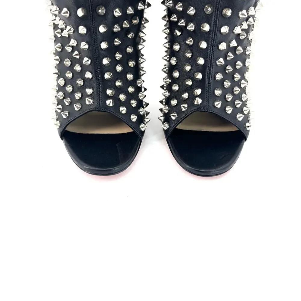 NEW Christian Louboutin Guerilla 100 Silver Spike Leather Peep Toe Booty 37.5